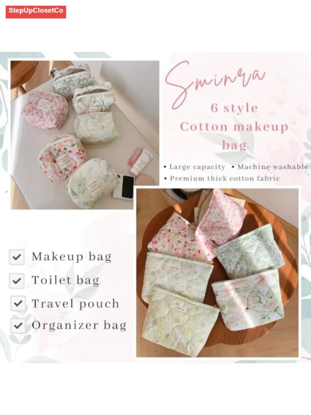 Quilted Cotton Floral Makeup Bag with Zipper, Small Travel Toiletry Organizer,